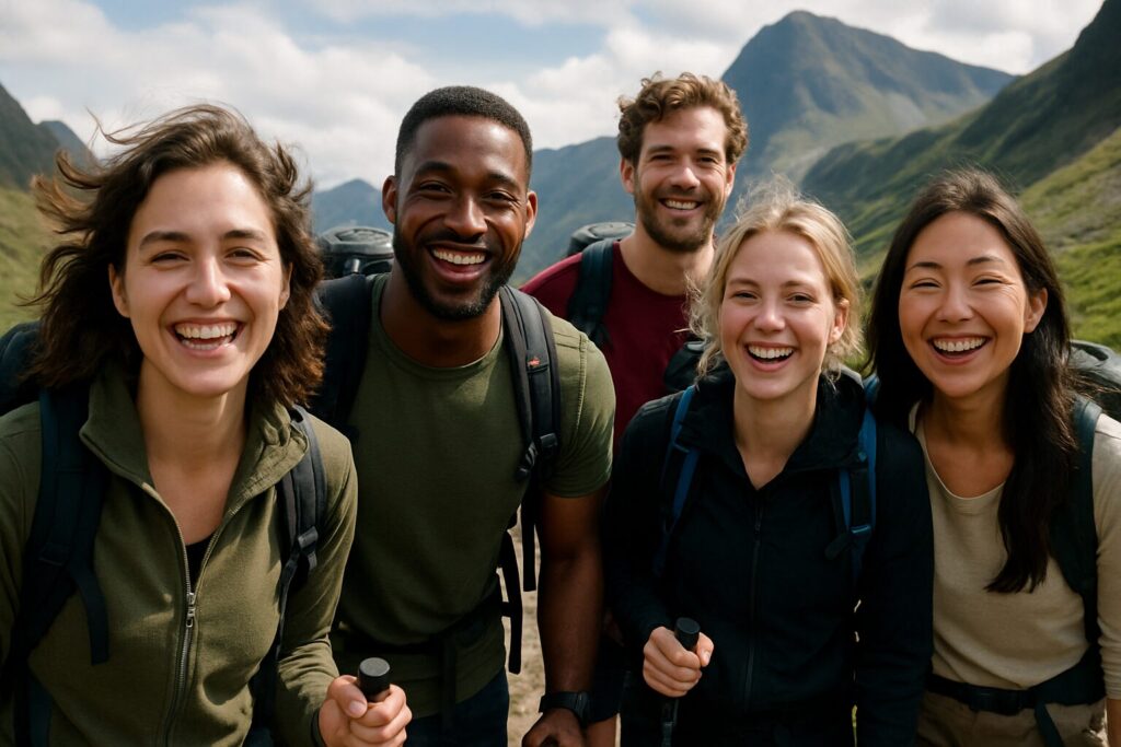 The Best Group Travel Programs for Digital Nomads in 2025 4 Digital nomads from different countries hiking a scenic mountain trail, smiling and enjoying the adventure, with realistic facial features.