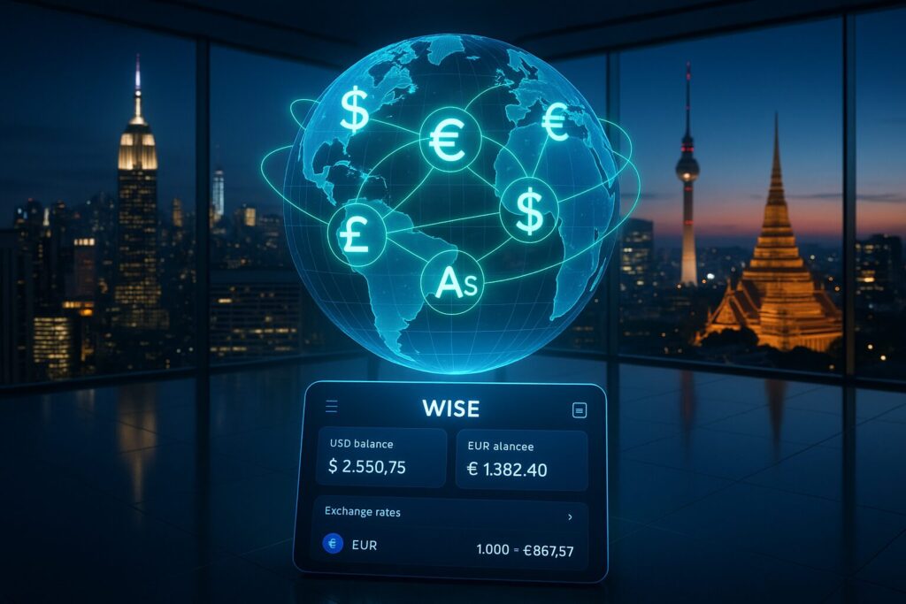 Best International Bank Accounts for U.S. Digital Nomads in 2025 (Low Fees, Global Access) 3 High-tech concept art of Wise digital wallet and globe showing global currency exchange in a modern office with full city background.
