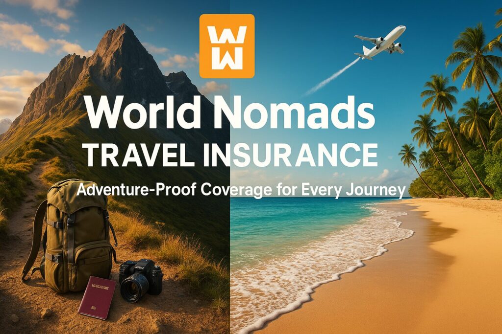 The Complete Guide to Travel Insurance for Digital Nomads 6 World Nomads travel insurance poster with mountains, beach, adventure gear, logo, and tagline “Insure. Explore. Repeat.”