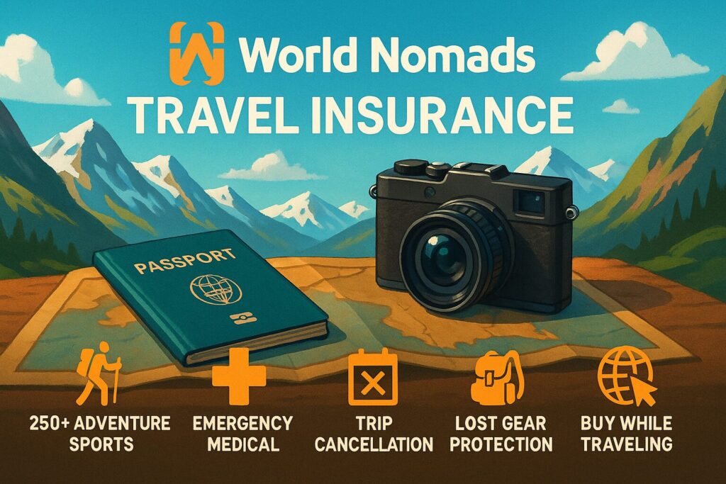 The Complete Guide to Travel Insurance for Digital Nomads 7 World Nomads travel insurance visual with icons for adventure activities, trip cancellation, medical help, and gear protection.