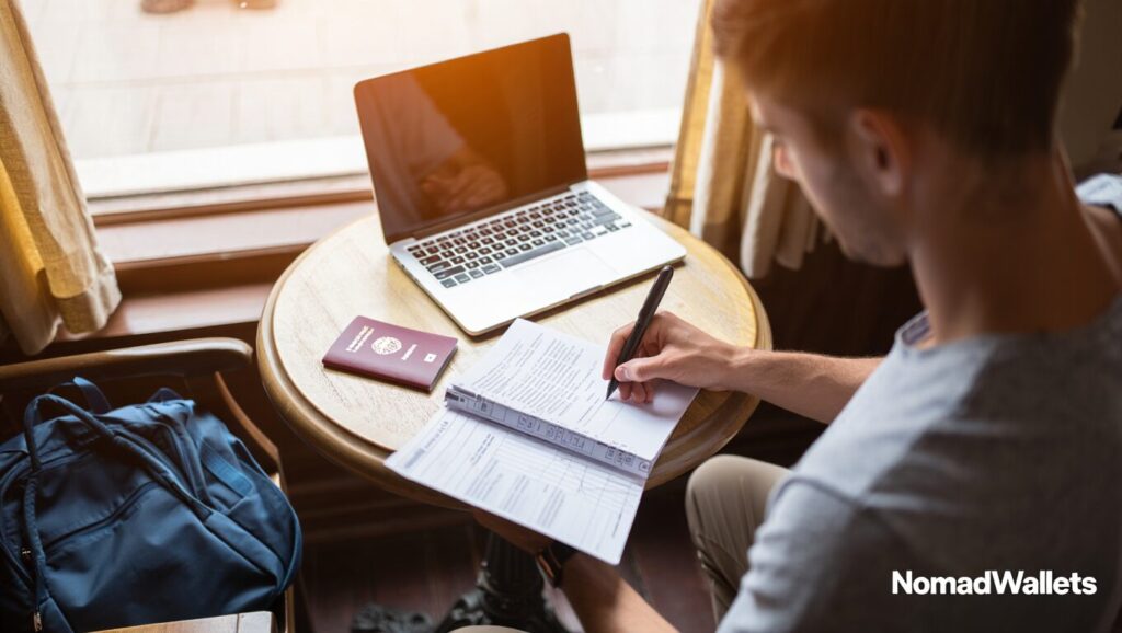 Digital Nomad Visas in Asia (2025 Guide) Top Countries, Costs & Tips 4 Casual photo of traveler filling visa forms in a café with a laptop, passport, and coffee, warm light coming through the window.