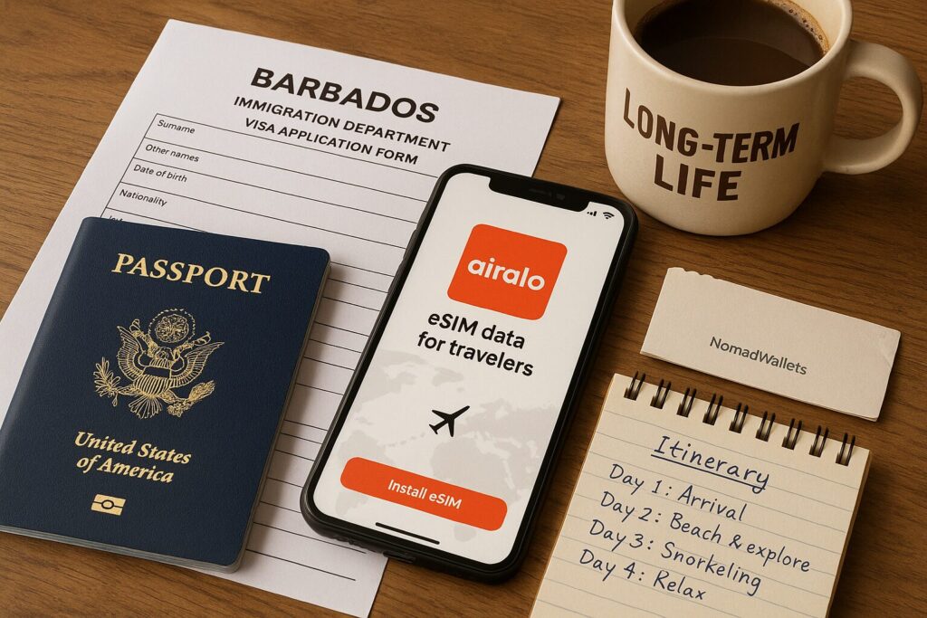 Ultimate Guide to Digital Nomad Visas in Oceania 2025 + Remote Work Islands 3 Long-term digital nomad travel setup in Barbados — showing essentials like eSIM tools, visa forms, and minimalist planning.