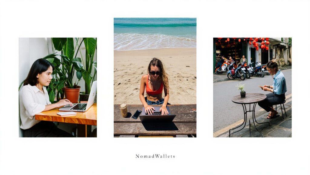 Digital Nomad Visas in Asia (2025 Guide) Top Countries, Costs & Tips 5 Three-panel photo showing Chiang Mai café, Bali beach workspace, and Hanoi street café — top nomad cities in Asia.