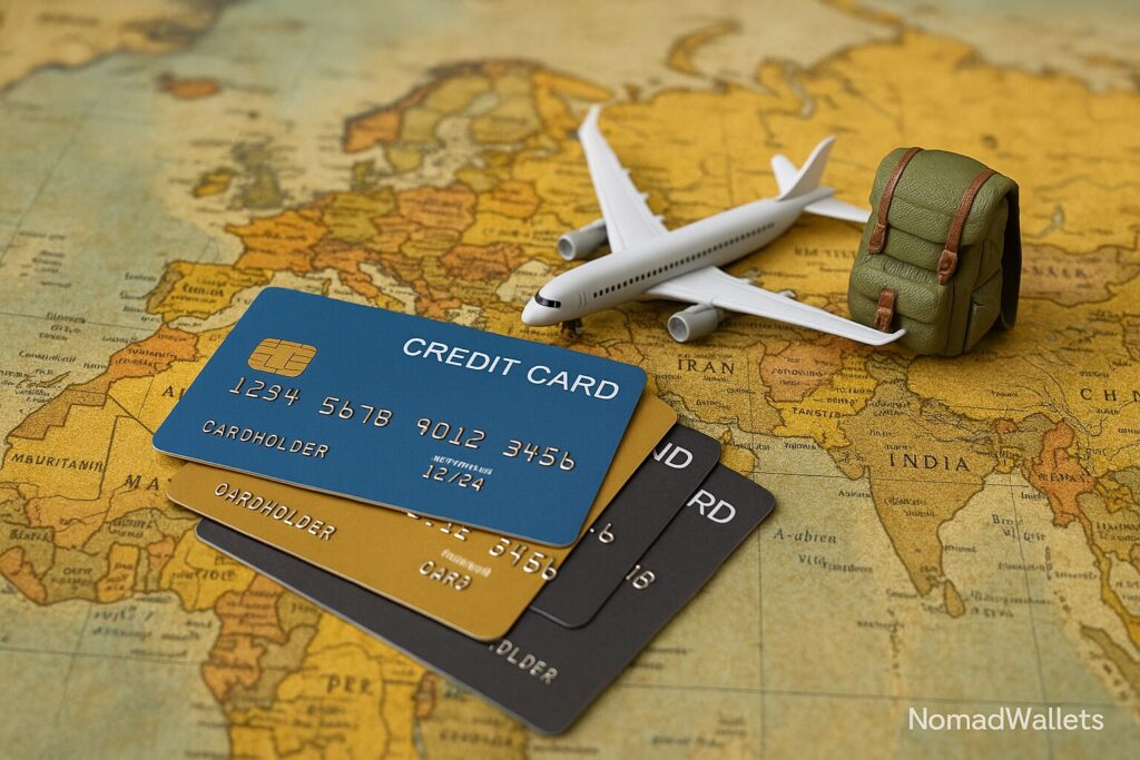 Best Credit Cards for Digital Nomads in 2025: Your Ultimate Guide 4 Stack of travel credit cards on world map with travel props