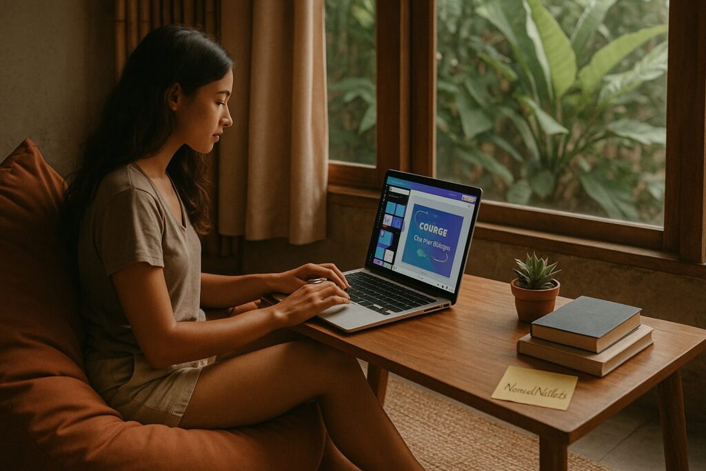 30 Affordable Courses for Digital Nomads in 2025 (With Tools & Tables) 2 Female digital nomad taking a budget-friendly design course on her laptop in Bali with NomadWallets branding