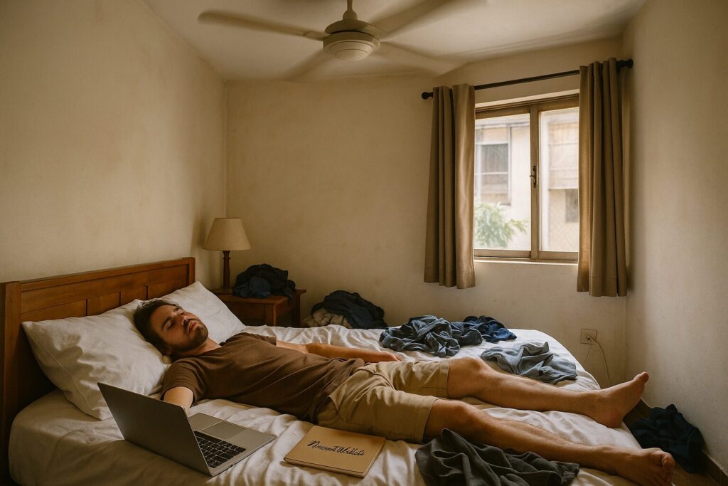 What Nobody Tells You About Being a Digital Nomad 2025 3 Burned out digital nomad lying on bed with laptop open