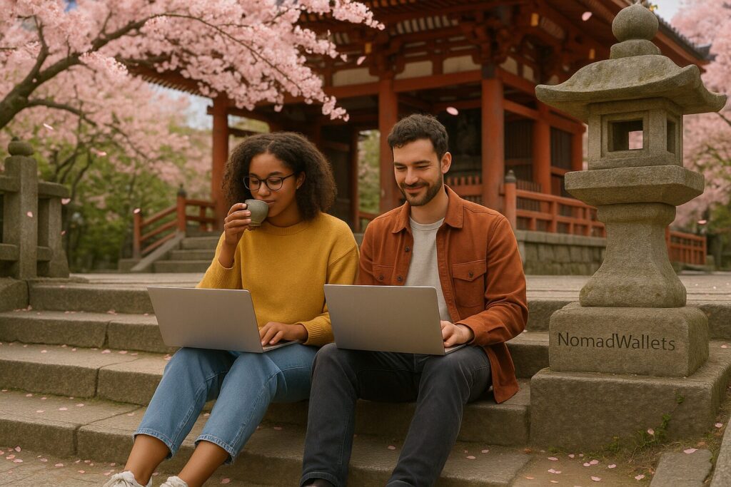 20 Life-Changing Trips for Digital Nomad Couples in 2025 4 Digital nomad couple working from a laptop near a traditional Japanese temple with NomadWallets watermark