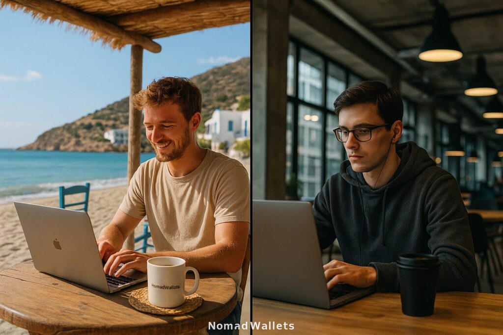 Unlocking Digital Nomad Visas in Europe 2025: Essential Guide 3 Side-by-side contrast of digital nomad lifestyle in Greece and Germany — beach vs. city coworking.