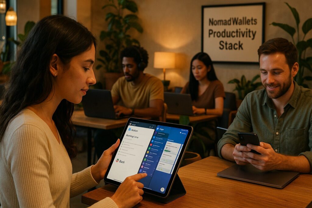 Digital nomads using productivity and communication apps in a coworking space; “NomadWallets” poster on wall.