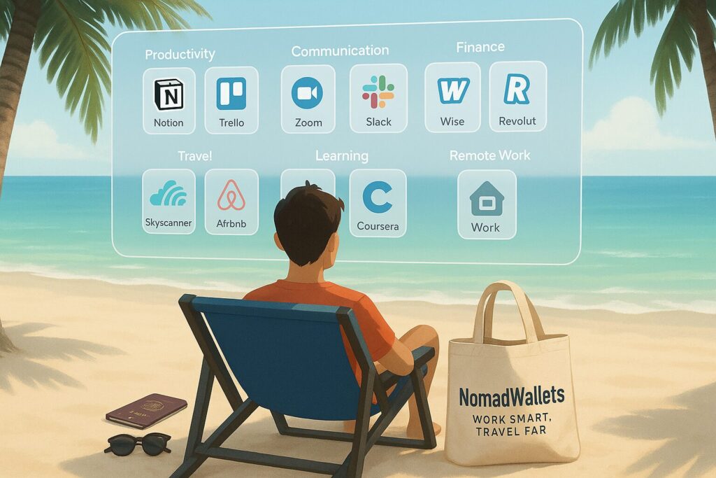 Futuristic dashboard showing top digital nomad tools and apps grouped by category; beachside scene with “NomadWallets” on a tote bag.