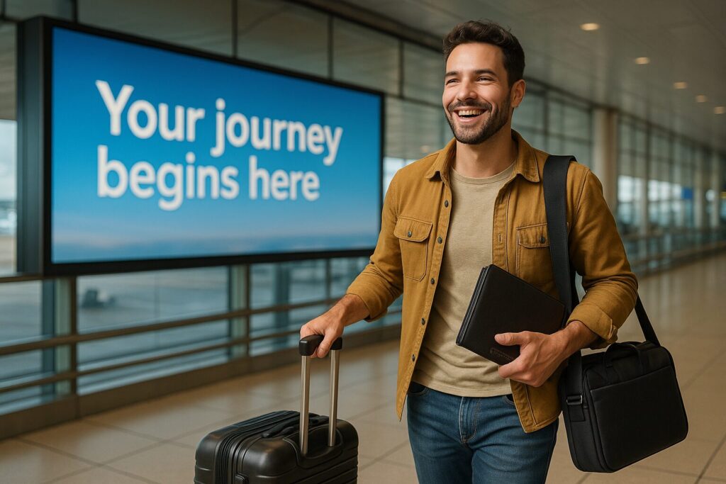 51 Signs You are Destined to Be a Digital Nomad 2 Confident digital nomad walking through airport terminal with luggage; “Your journey begins here” on billboard; “NomadWallets” handwritten on travel tag.