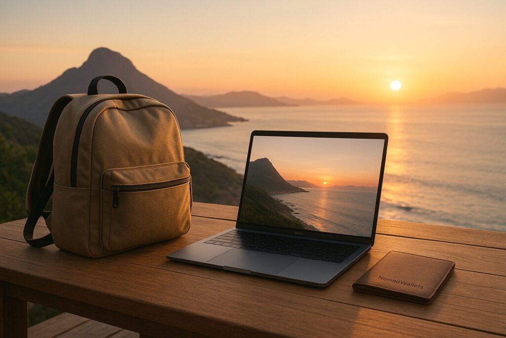 101 Things That Happen When You Become a Digital Nomad 2 Minimalist digital nomad backpack and laptop on wooden table overlooking sunrise beach view; “NomadWallets” handwritten subtly on a travel journal.