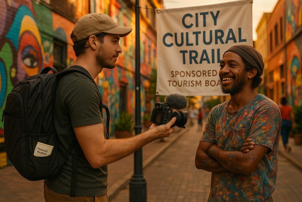 Can Digital Nomads Work with Tourism Boards in 2025? 3 Digital nomad recording local artist interview for a tourism board campaign with “NomadWallets” brochure in pocket.