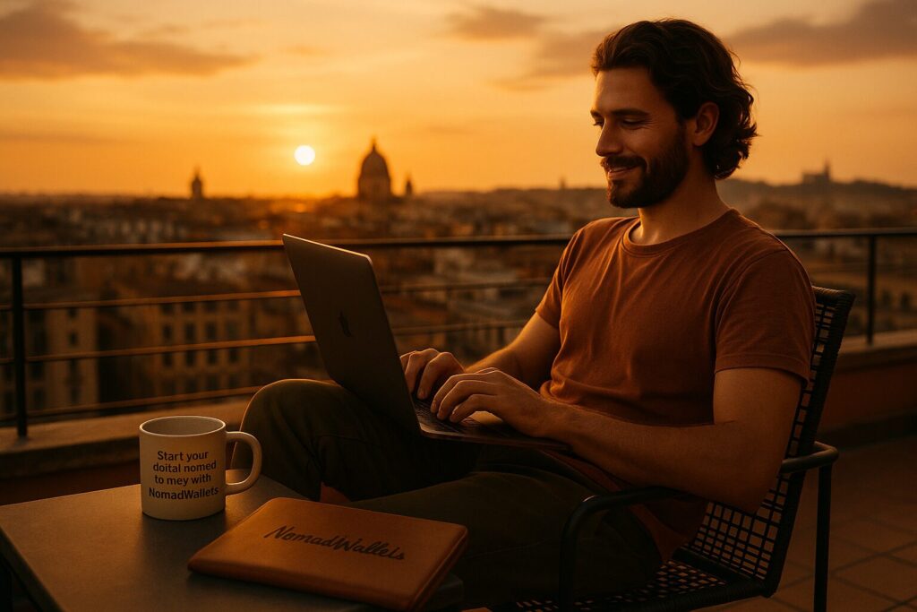 101 Things That Happen When You Become a Digital Nomad 3 Digital nomad working on a rooftop terrace at sunset with cityscape background; subtle “NomadWallets” handwritten on journal; inspiring travel work vibe.