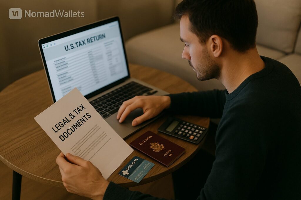 How to Become a Digital Nomad in 2025: A Step-by-Step Guide 6 Digital nomad organizing taxes, insurance, and legal tasks