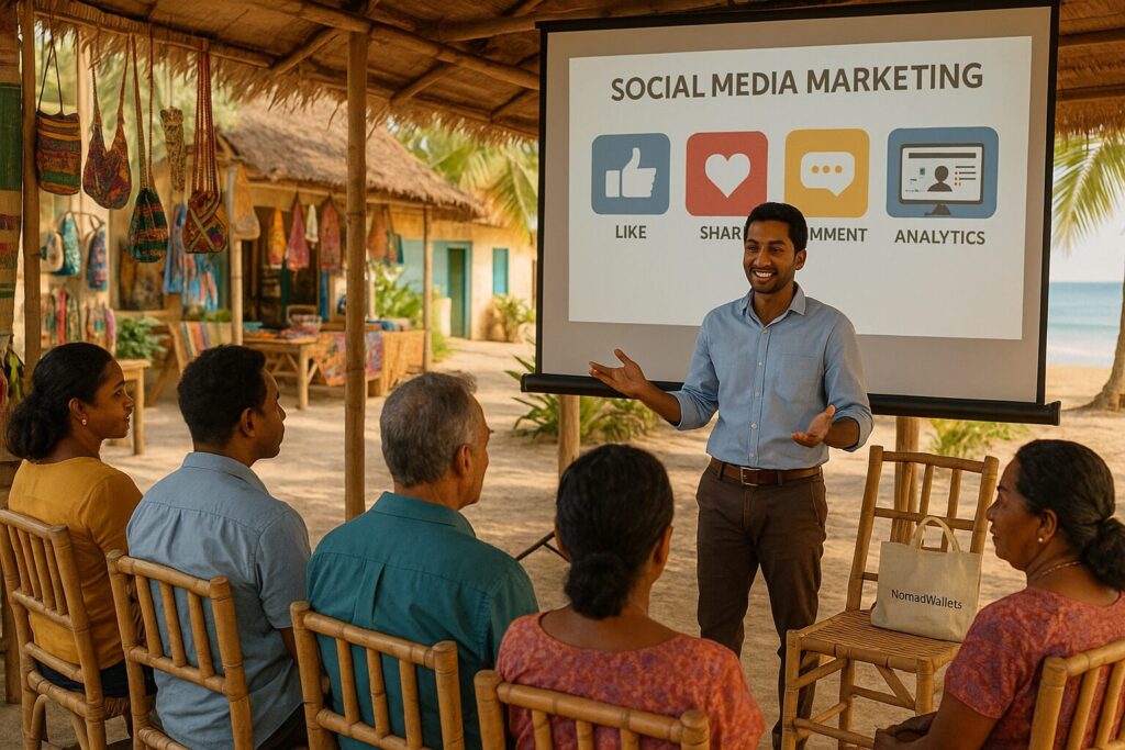 Can Digital Nomads Work with Tourism Boards in 2025? 4 Digital nomad presenting at a coastal tourism workshop, with “NomadWallets” on a tote bag and locals engaged in learning.
