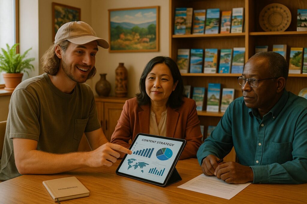 Can Digital Nomads Work with Tourism Boards in 2025? 2 Digital nomad presenting ideas to a tourism board inside a cultural office with “NomadWallets” notebook visible.