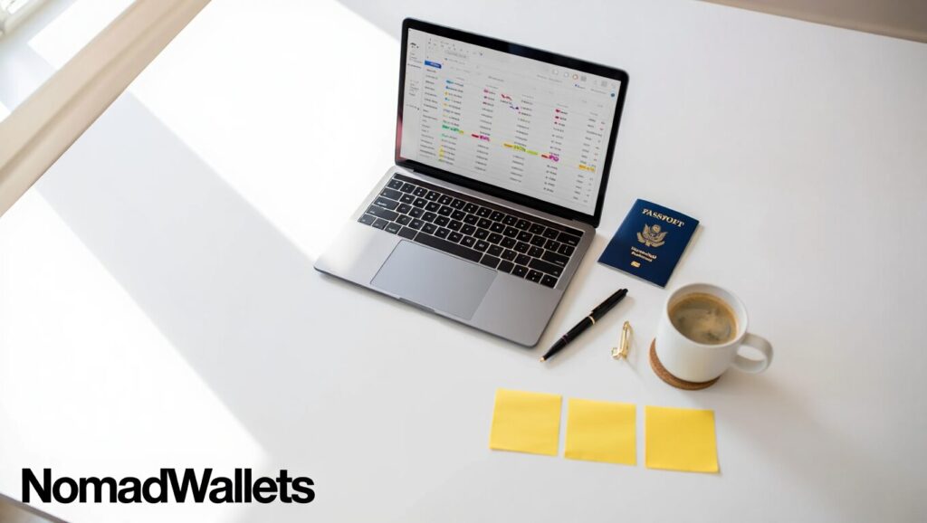 Digital Nomad Visas in Asia (2025 Guide) Top Countries, Costs & Tips 3 Flat-lay photo of a modern desk with laptop showing a comparison chart, passport, pen, and coffee — symbolizing digital nomad visa data.