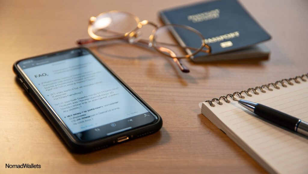 Digital Nomad Visas in Asia (2025 Guide) Top Countries, Costs & Tips 6 Close-up photo of smartphone showing FAQ page, next to a passport and notebook on a clean desk.