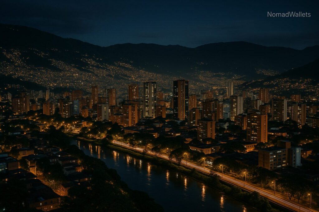 Digital Nomad Visas in North & South America 2025 (Guide) 4 Nighttime panoramic cityscape of Medellín, Colombia, with lit skyline and river reflection. Text "NomadWallets" in top right corner.