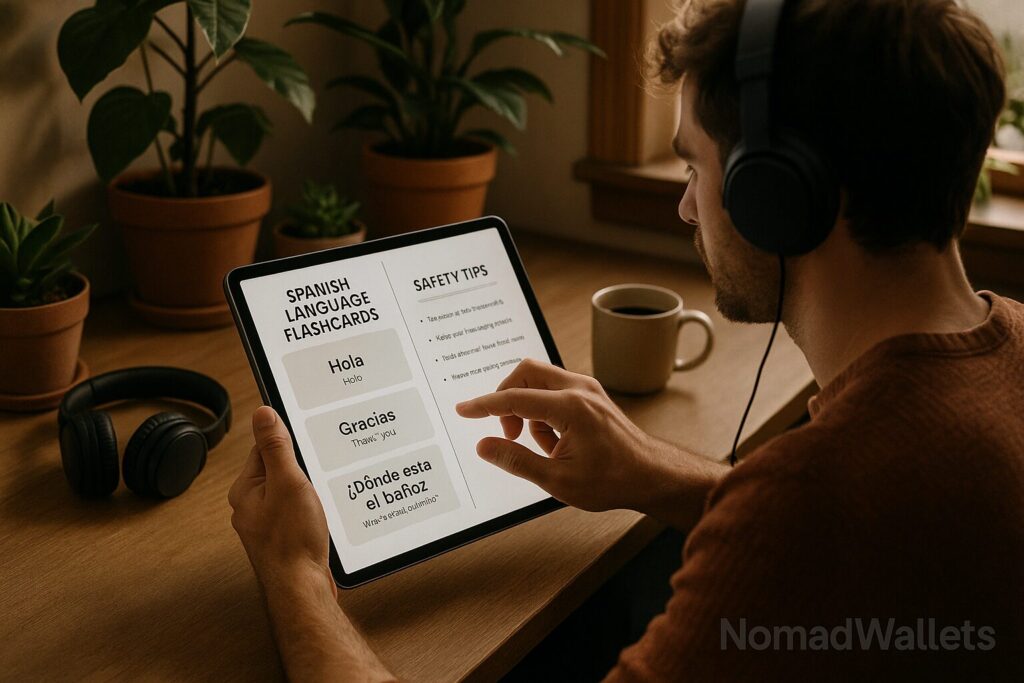 Digital Nomad Visas in North & South America 2025 (Guide) 3 Digital nomad reviewing Spanish language flashcards and safety tips on tablet at cozy workspace. Text "NomadWallets" in bottom right corner.