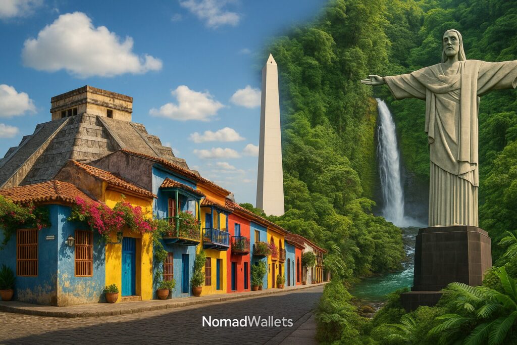 Digital Nomad Visas in North & South America 2025 (Guide) 2 Collage of landmarks from Mexico, Colombia, Argentina, Costa Rica, and Brazil representing digital nomad visas. Text "NomadWallets" at bottom center.