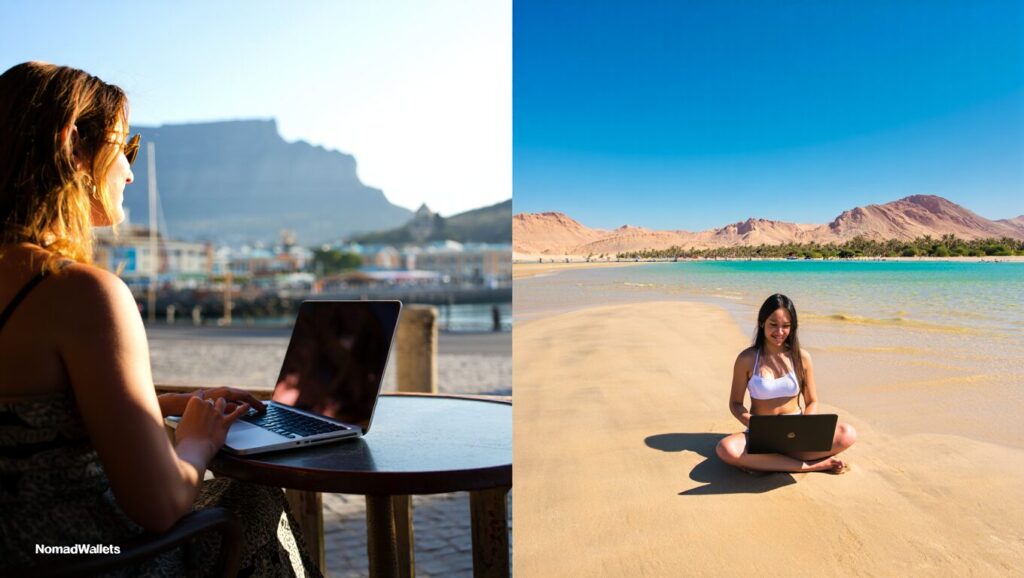 Digital Nomad Visas Africa and Middle East 2025 (Guide) 3 Split-view image showing a remote worker at an outdoor café in Cape Town with Table Mountain and another remote worker on the beach in Dahab’s Red Sea coast, highlighting popular nomad hotspots.