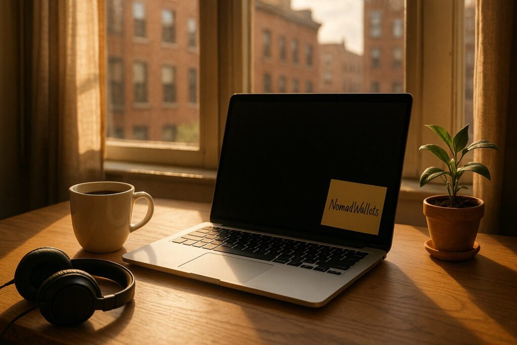 51 Signs You are Destined to Be a Digital Nomad 3 Sunlit urban workspace with laptop, coffee, and headphones; “NomadWallets” handwritten on a sticky note on laptop; cozy productive vibe.
