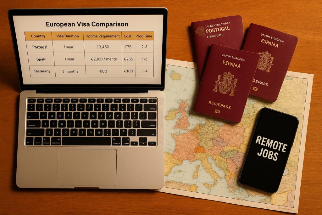 Unlocking Digital Nomad Visas in Europe 2025: Essential Guide 2 European passports and remote work setup showing digital nomad visa comparison chart on laptop.