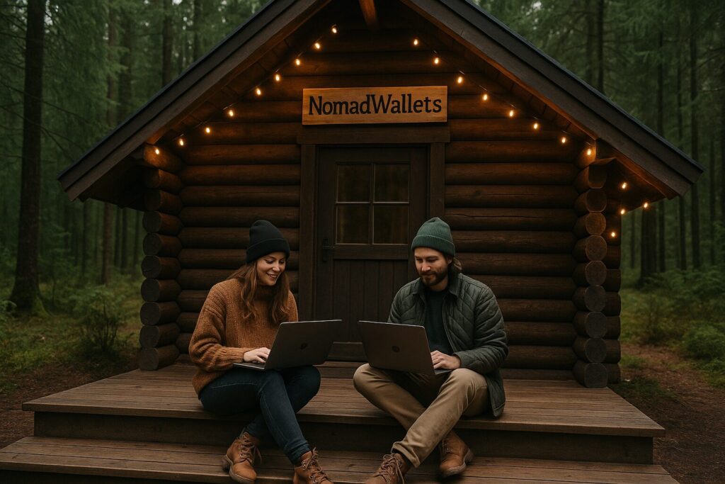 20 Life-Changing Trips for Digital Nomad Couples in 2025 3 Couple working remotely from a forest cabin retreat, relaxing on the porch with laptops and coffee – NomadWallets on a wooden sign