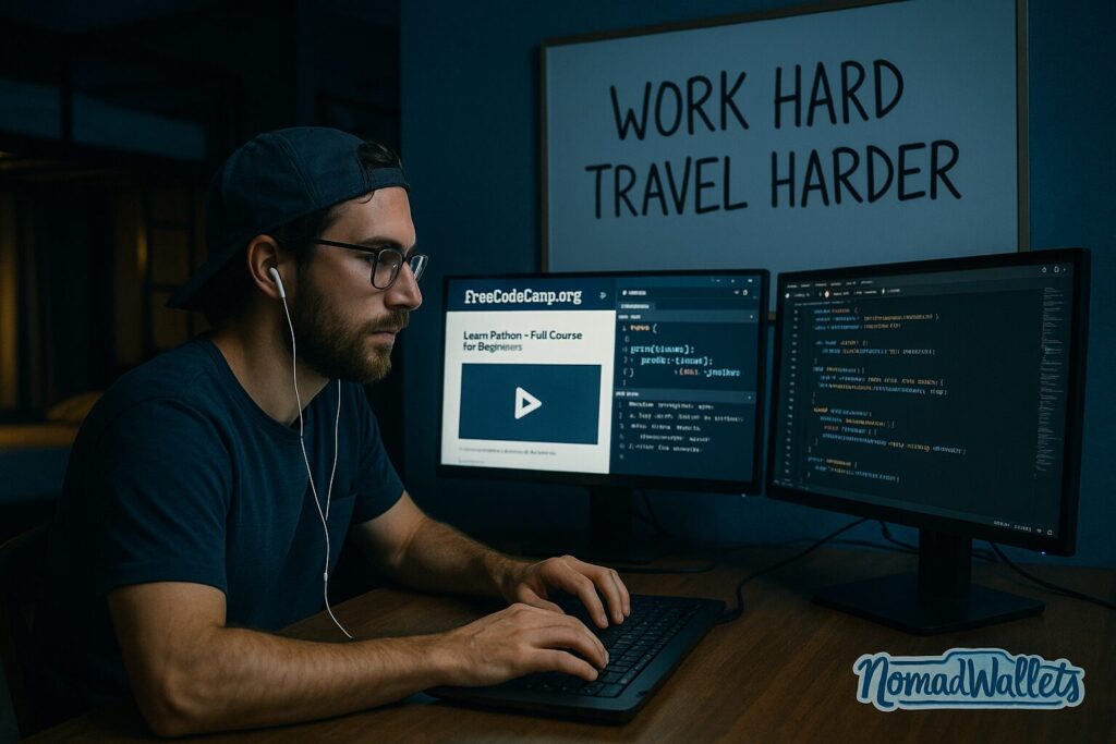 30 Affordable Courses for Digital Nomads in 2025 (With Tools & Tables) 3 Male digital nomad coding in a hostel workspace taking free tech courses, with NomadWallets brand subtly shown
