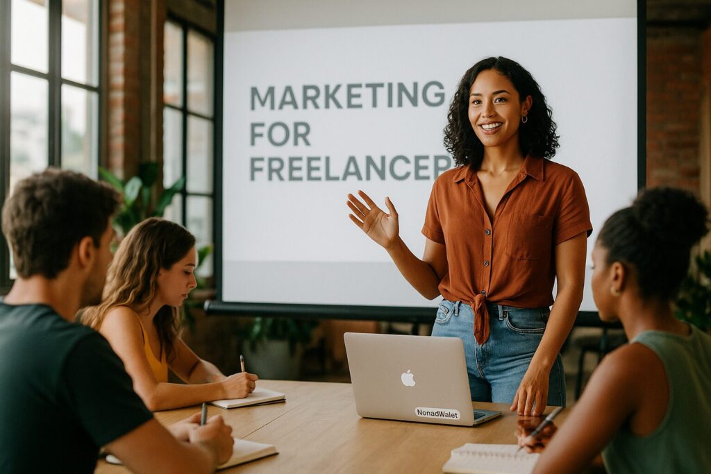 30 Affordable Courses for Digital Nomads in 2025 (With Tools & Tables) 4 Female digital nomad attending a freelancing course in a coworking hub with NomadWallets branding