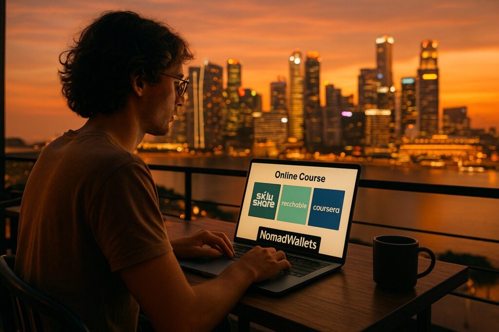 Digital nomad studying on a rooftop café using learning platforms, laptop shows “NomadWallets” sticker.