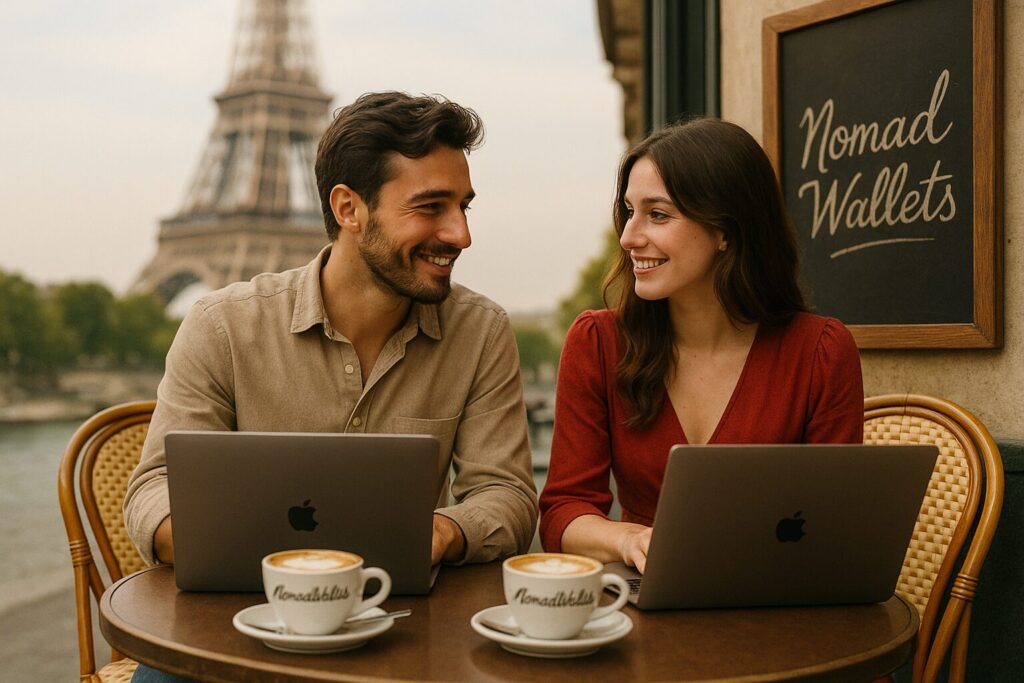 20 Life-Changing Trips for Digital Nomad Couples in 2025 5 Digital nomad couple working at a cozy Paris café with Eiffel Tower in the distance and NomadWallets visible on coffee cup