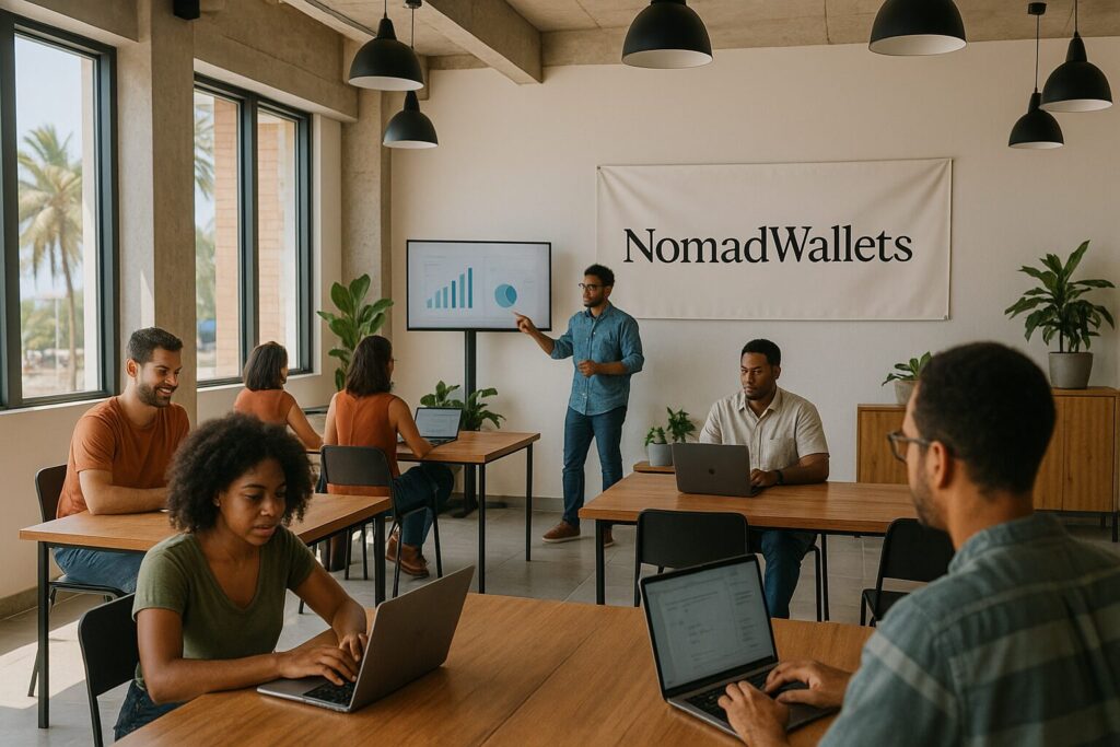 Free Coworking Spaces in Cape Verde for Digital Nomads (2025 Guide) 4 Innovation hub in Cape Verde with remote workers and NomadWallets banner on the wall.