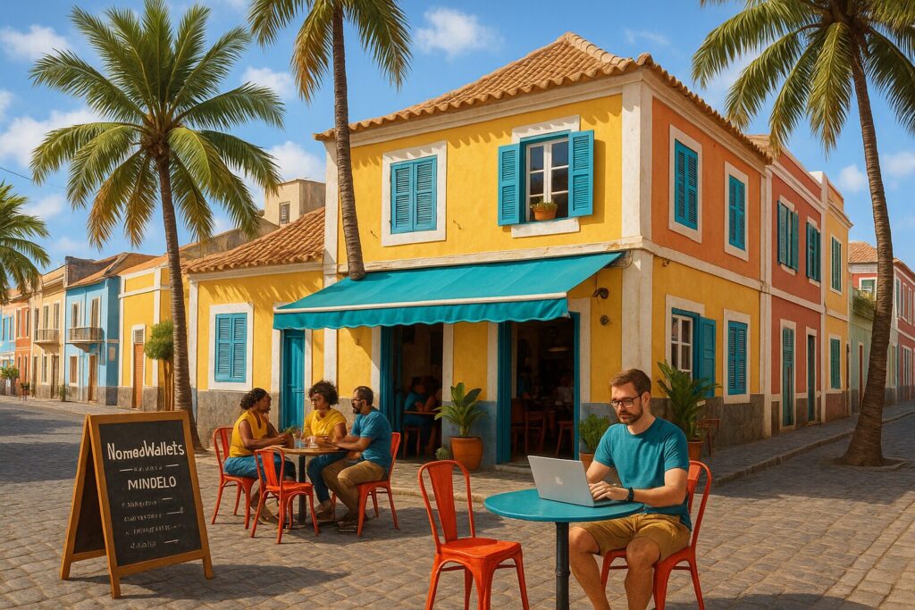 Free Coworking Spaces in Cape Verde for Digital Nomads (2025 Guide) 2 Digital nomad working at outdoor café in Mindelo, Cape Verde, palm trees and NomadWallets text on chalkboard menu.