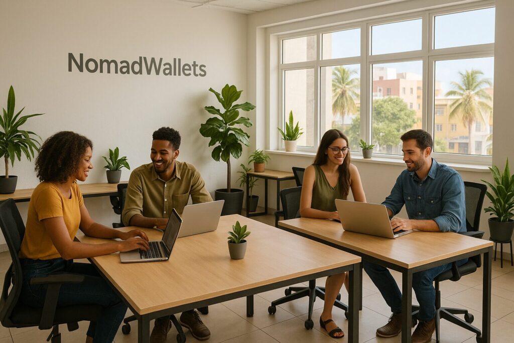 Free Coworking Spaces in Cape Verde for Digital Nomads (2025 Guide) 3 Remote workers collaborating in modern coworking space in Praia, Cape Verde with natural light and NomadWallets wall decal.