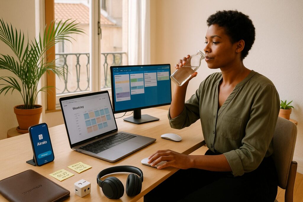The Digital Nomad Lifestyle: What It’s Really Like in 2025 6 Digital nomad woman working from a clean Lisbon Airbnb using Trello, Notion, and Airalo — showing how structure helps nomads thrive.