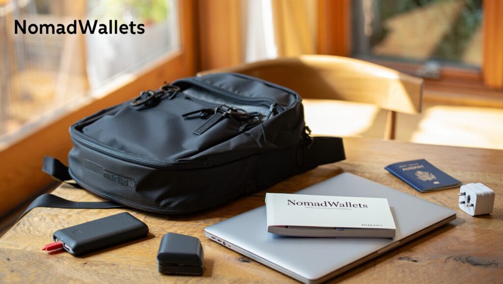 Digital Nomad Visas in Asia (2025 Guide) Top Countries, Costs & Tips 7 Photorealistic image of digital nomad packing travel gear on a table, including passport, laptop, and guidebook titled “NomadWallets.”