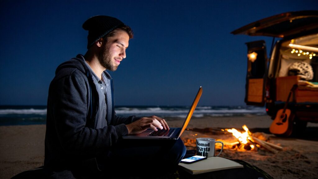 The Digital Nomad Lifestyle: What It’s Really Like in 2025 8 Digital nomad working under the stars beside a camper van — a peaceful moment of freedom and reflection at the end of a remote workday