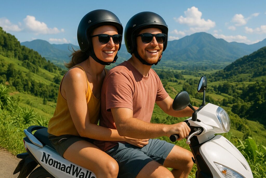 How Much Do You Need to Live as a Digital Nomad in Thailand 2025? 6 Happy digital nomad couple riding scooter through Thailand countryside in 2025