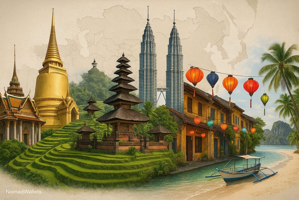 Digital Nomad Visas in Asia (2025 Guide) Top Countries, Costs & Tips 2 High-resolution photo of travel desk showing passports, flags of Thailand, Indonesia, Malaysia, Vietnam, and the Philippines, symbolizing digital nomad visa destinations.