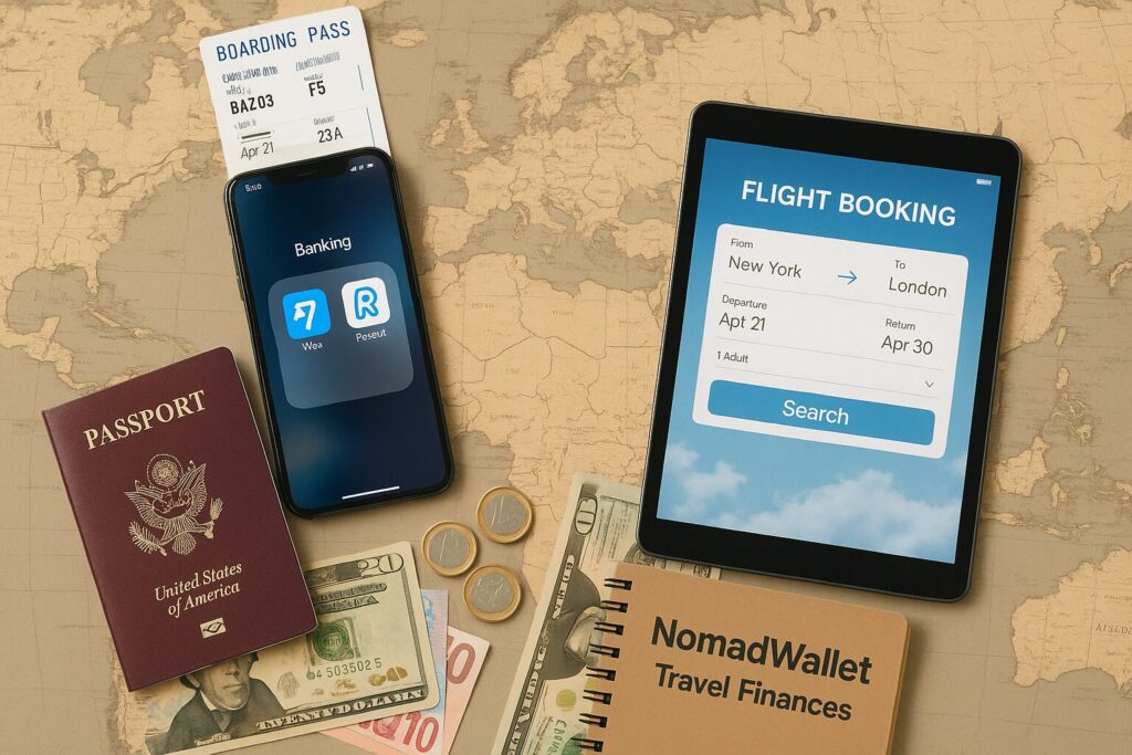 Flat-lay of travel essentials including phone with banking apps, passport, and “NomadWallets” budgeting notebook.