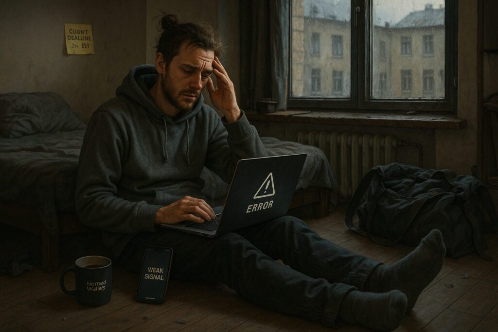 The Digital Nomad Lifestyle: What It’s Really Like in 2025 5 Exhausted digital nomad struggling with bad internet in a cramped room — showing the real-life downsides of nomadic life in 2025.