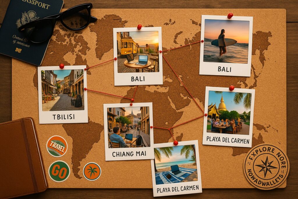 The Digital Nomad Lifestyle: What It’s Really Like in 2025 7 A cork map showing the top digital nomad cities of 2025 — each pinned with travel photos, connected by red string and NomadWallets branding.