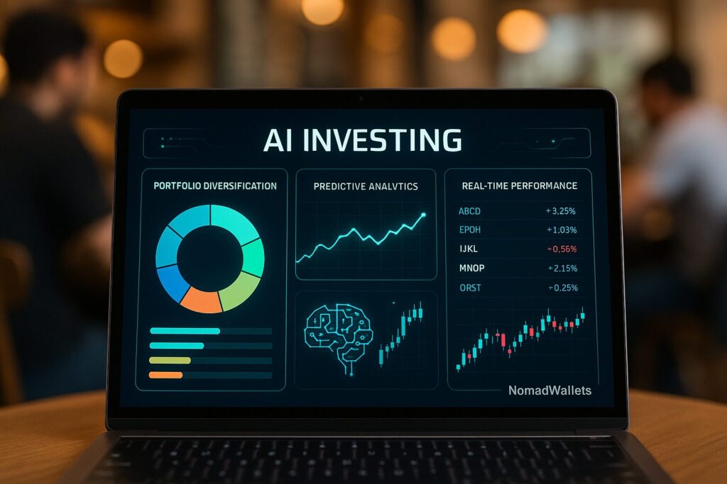 Best AI Powered Investing Tools for US Nomads – 2025 Expert Guide 2 Laptop displaying futuristic AI investing platform with NomadWallets branding and portfolio analytics in coworking space.