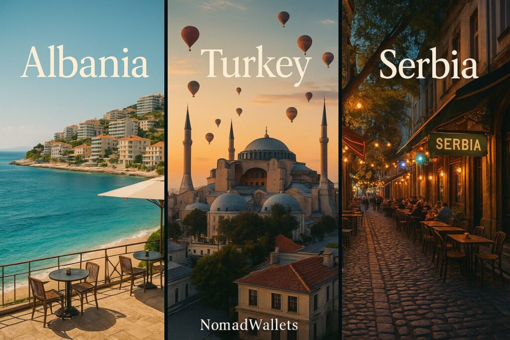 Digital Nomad $750 Month: The Ultimate Comfort Guide 2025 2 “Travel collage featuring Albania’s Saranda coast, Turkey’s Istanbul with Hagia Sophia and hot air balloons, and Serbia’s Belgrade street café. Each panel labeled with country names, with NomadWallets branding in the corner.”