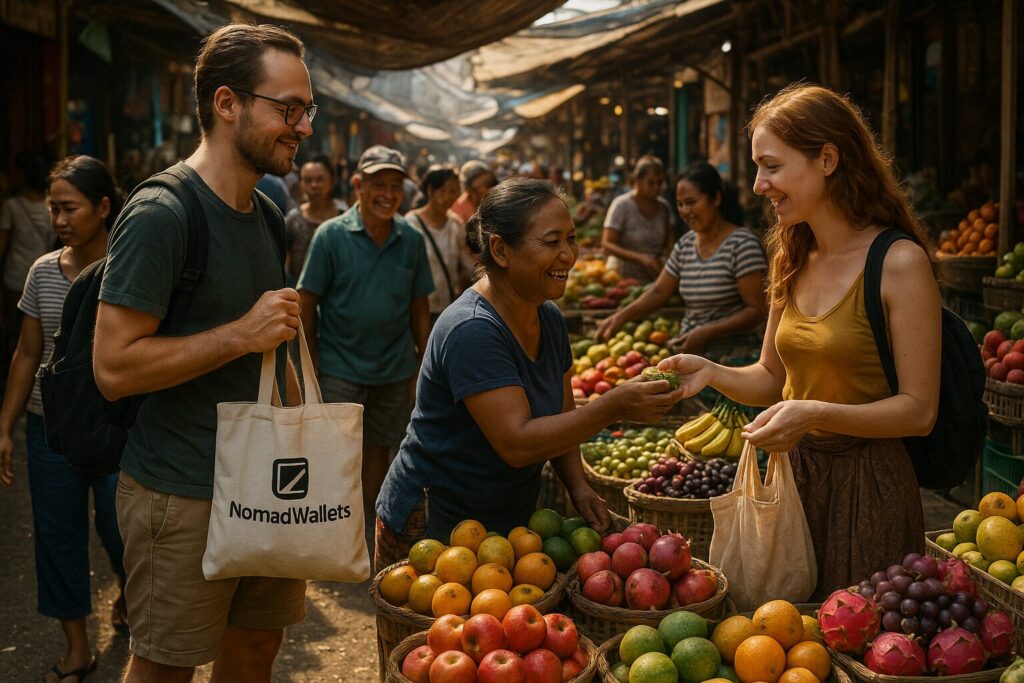 Digital nomads shopping at a Bali street market with NomadWallets reusable bag