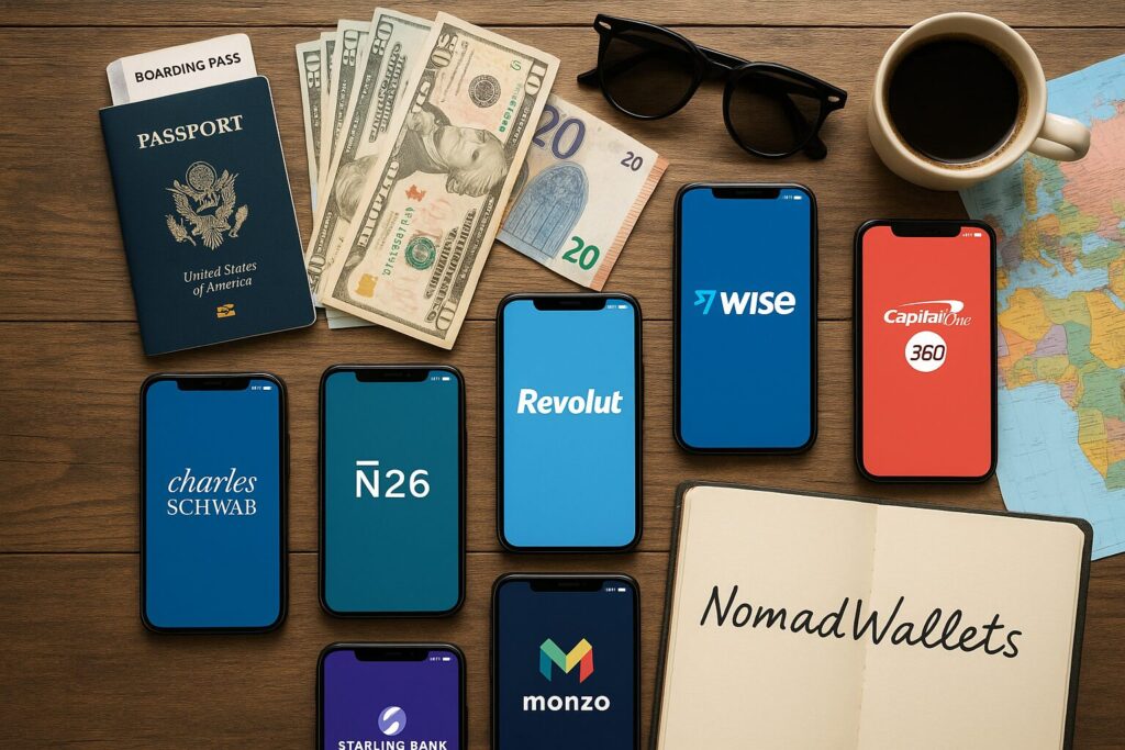 Flat-lay of 7 smartphones showing Charles Schwab, Wise, Revolut, Capital One 360, N26, Monzo, and Starling Bank apps with travel items and “NomadWallets” written on a journal.