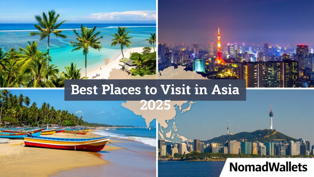 "Collage of top destinations in Asia for 2025 – Bali beach, Tokyo skyline, Goa coastline, Seoul cityscape – cultural and scenic highlights for nomads and travelers."